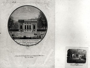 Utsikt over en paviljong i Louveciennes bygget av Claude-Nicolas Ledoux (1736-1806) for Madame du Barry (wc på papir) av Jean Testard