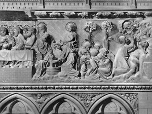 Katedral, interiør, korskjerm, Nattverd, Jesus Kristus vasker apostlenes føtter, Kristus i Oljehagen, ca. 1340-51 (polykrom stein)