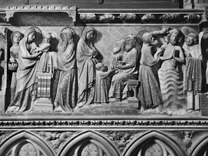 Katedral, interiør, korskjerm, Presentasjon av Jesus i tempelet, Jesus blant legene, Kristi dåp, ca. 1340-51 (polykrom stein)
