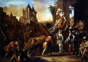Ankomst av komikerne til Le Mans maleri som illustrerer "" The Comic Roman"" av Paul Scarron (1610-1660). Maleri av Jean-Baptiste (Jean Baptiste) Coulom (eller Coulon) (ca. 1695-1735)
