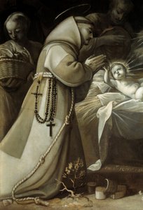 Tilbedelse av hyrdene En munk ber foran Jesusbarnet. Maleri av Jean de Saint Igny av Jean de Saint Igny