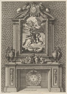 Skorstein med et maleri av Louis XIV over mantelen, fra 
