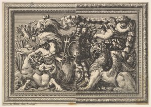 Design for et panel med to varianter som inneholder en Hippocamp og en Griffin, fra: Ornements..., 1651. av Jean le Pautre