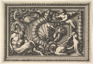 Design for et panel med to varianter som inneholder en Satyr og en Sphynx, fra: Pannea..., 1600-tallet. av Jean le Pautre