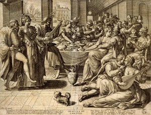 Middag av Jan Sadeler I (1550-1600), gravering