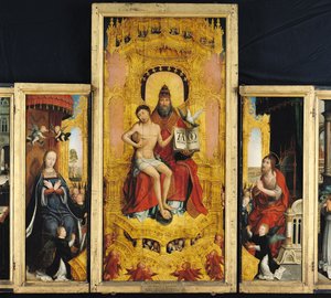 Polyptych of the glorification of the Holy Trinity, sentralt panel som viser treenigheten, jomfruen og døperen Johannes, ca. 1509-16