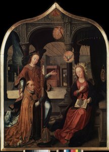 ""representasjon av kunngjøringen med skytshelgen Guillaume av Brussel"" Sentralpanel i kunngjøringens triptyk (Bebudelsen). Maleri på tre av Jean Bellegambe den eldre (1470-1534) St. Petersburg, Eremitagemuseet