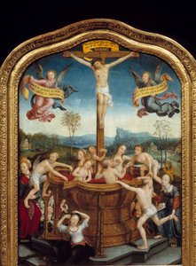 Det mystiske badet. Ved foten av korset som Kristus er korsfestet på, bader menn og kvinner i en kilde av blod fra Messias legeme. Sentral del av triptyken. Maleri på tre av Jean Bellegambe den eldre (1470-1535) 1510-1520 Søn. 0,81x0