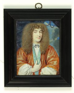 En gentleman i hvit skjorte og oransje kjole foret med blå silke, lang lysebrun parykk (akvarell på vellum) av Jean the Younger (attr.to) Petitot