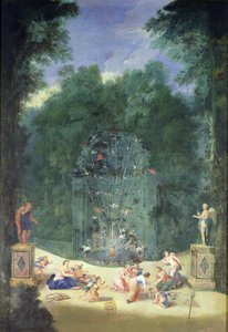 The Groves of Versailles: Utsikt over inngangen til labyrinten med fugler, nymfer og kjeruber, 1688