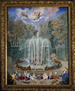 Utsikt over lunden til stjernen eller vannfjellet i hagene i Versailles med Alphee som forfølger Arethuse og på himmelen, Diane leder vognen sin, Maleri av Jean Cotelle the Jeune (1645-1708) 1600-tallet, Dim 2,01 x1, 37 m - Utsikt over Grove of the