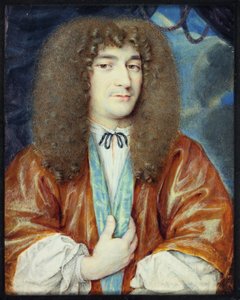 En gentleman i hvit skjorte og oransje kjole foret med blå silke, lang lysebrun parykk (wc på vellum) av Jean the Younger attr.to Petitot