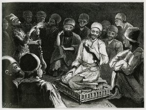 Persisk historieforteller omgir sitt publikum. Gravering av den reisende forfatteren, for å illustrere historien "" Persia, Chaldee og Susiane"" av Jeanne Dieulafoy