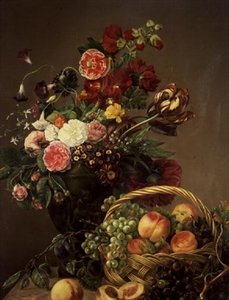 Stilleben med blomster og frukt i en kurv