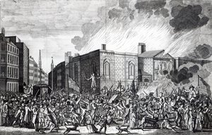 En nøyaktig representasjon av brenningen, plyndringen og ødeleggelsen av Newgate av opprørerne den minneverdige 7. juni 1780, gravert av Henry Roberts, 1781 av Jefferyes Hammett O