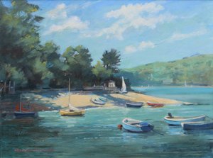 Fishermans Cove Salcombe, olje om bord, 2016 av Jennifer Wright
