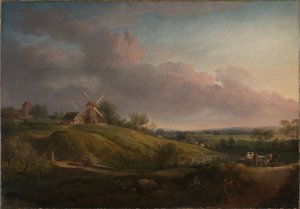 Landskap med en kirke og en mølle av Jens Juel
