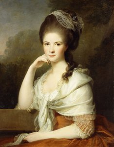 Portrett av en dame, sittende halvlangt, iført en brun kjole og et hvitt sjal, 1778 av Jens Juel