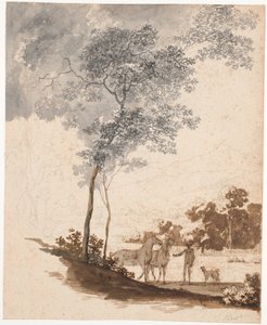 Sveitsisk landskap med en ridegutt som holder to hester og et par hunder; studie for portrettet av Jean-Armand Tronchin av Jens Juel