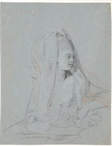Studie av sittende ung dame med blomster i hendene og slør over hodet. av Jens Juel