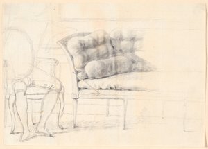 Studie til Holmskiold-familieportrettet fra 1787: den polstrede sofaen, og til venstre en stol med Holmskiolds figur skissert av Jens Juel