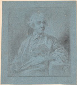 Studer for et portrett av en sittende ung mann med et stykke papir i hånden. Halvfigur i ansiktet av Jens Juel