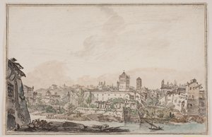 Byprospekt med hus og kirke ved elven. Antikkens Roma av Jens Petersen Lund