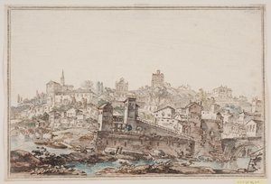 Byprospekt med hus og kirke ved elven. Antikkens Roma av Jens Petersen Lund