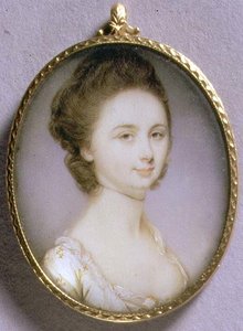 Portrett miniatyr av en dame i en hvit kjole, ca. 1780-85 (akvarell på elfenben) av Jeremiah Meyer
