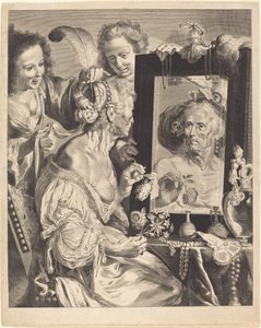 En gammel kvinne ved toalettbordet av Jeremias Falck after Johann Liss after Bernardo Strozzi