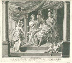 Allegori om nasjonalforsamlingen, 1796 Symbolsk kunsttrykk på nasjonalforsamlingen som representerer folket i Nederland (tittel på objekt) av Jeremias Snoek