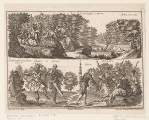 To teaterscener med figurer i et skogkledd landskap Les Princesses et Moron (tittel på objekt) av Jeremias Wachsmuth