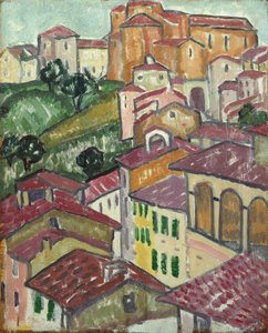En Sienese Village (olje på panel)