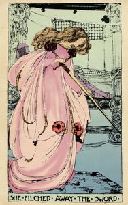 Fairy Morgane stjeler Excalibur for at elskeren hans skal bruke den mot kong Arthur. Illustrasjon av Jessie Marion King (1875-1949) for boken "" The High History of the Holy Grail av Perceval the Welsh, ridder av det runde bordet" av Sebasti