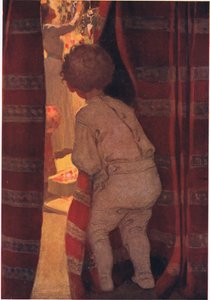 Han krøp ned for å ta en titt i stuen (farge litho) av Jessie Willcox Smith