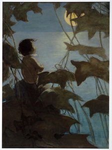 Han så opp på den brede gule månen og tenkte at hun så på ham, fra The Water Babies av Charles Kingsley, pub. 1916 (farge litho) av Jessie Willcox Smith