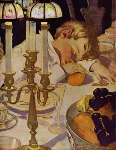 Robin la hodet ned på armen og lukket øynene (farge litho)