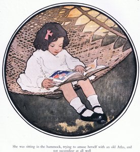 Hun satt i hengekøyen og prøvde å more seg med et gammelt atlas og lyktes ikke i det hele tatt (farge litho) av Jessie Willcox Smith