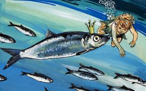 Gutt som svømmer med en fisk, illustrasjon fra «The Water Babies» av Charles Kingsley (gouache på papir)