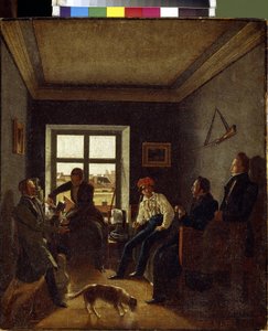 Klokken syv om kvelden (litterær kveld). Maleri av Evgraf Fyodorovich Krendovski (1810-etter 1853), olje på lerret, ca. 1820. Russisk kunst av Jevgraf Fiodorovitch Krendovsky