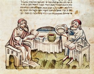 Jødedom: "" to rabbinere feirer påske med seremonien for Seder"" Miniatyr fra en Mahzor (bønnebok på hebraisk) Parma fra 1400-tallet, Biblioteca Palatina av Jewish School