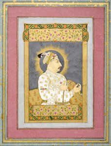 Portrett av Muhammad Shah som holder en smaragd og munnstykket til en Huqqa, ca. 1730 blekk med wc og gull på papir av Jharokha Nidha Mal
