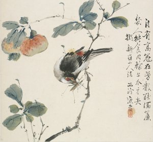 En kinesisk Hwamei som spiser en gresshoppe, 1857