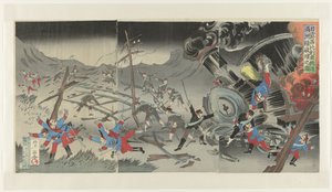 Ødeleggelse av jernbanen i Manchuria under den russisk-japanske krigen Nichiro Shiberia tetsudô Manshûsen hakai no zu (tittel på objekt) av Jinsai Rosetsu
