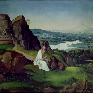 St. Hieronymus i et landskap (olje på panel) av Joachim (style of) Patenier or Patinir