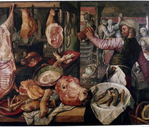 Slakterbutikk. (Kjøttmarked). Bestemt av Joachim Beuckelaer or Bueckelaer