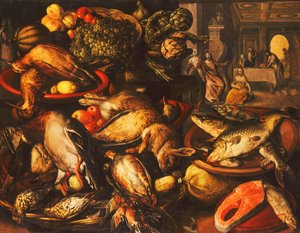 Vilt, fisk, frukt og grønnsaker i kurver og boller i et spisekammer, 1569 av Joachim Beuckelaer