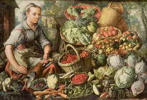 Stilleben med frukt, grønnsaker og en markedskvinne, 1564