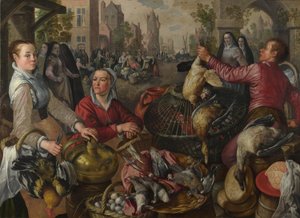 De fire elementene: En fjærfestall i en by med den fortapte sønnen bortenfor - en allegori om luft, 1569 av Joachim Beuckelaer