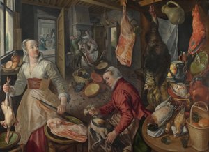 De fire elementene: Brann. En kjøkkenscene med Kristus i huset til Martha og Maria i bakgrunnen - av Beuckelaer (Beuckelaer), Joachim (1533-1574) - 1569 National Gallery, London